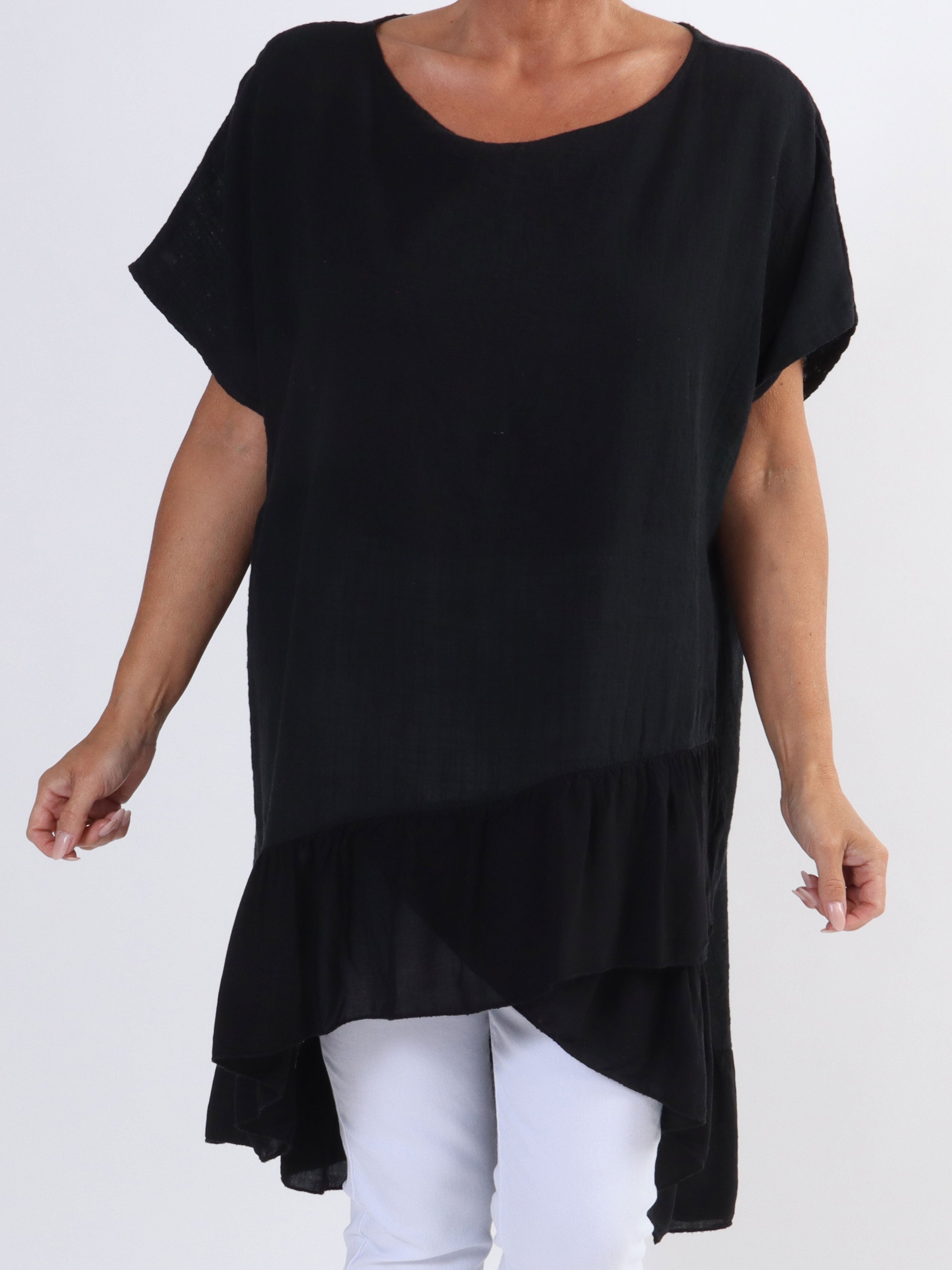 Elba - Plus size tunika i forskudt længde med flæser